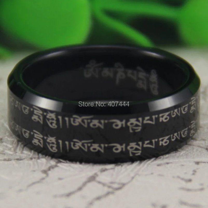 

Free Shipping YGK JEWELRY Hot Sale 8MM Black Bevel Tibetan Buddhism Om-mani-peme-hung Mens Tungsten Wedding Ring