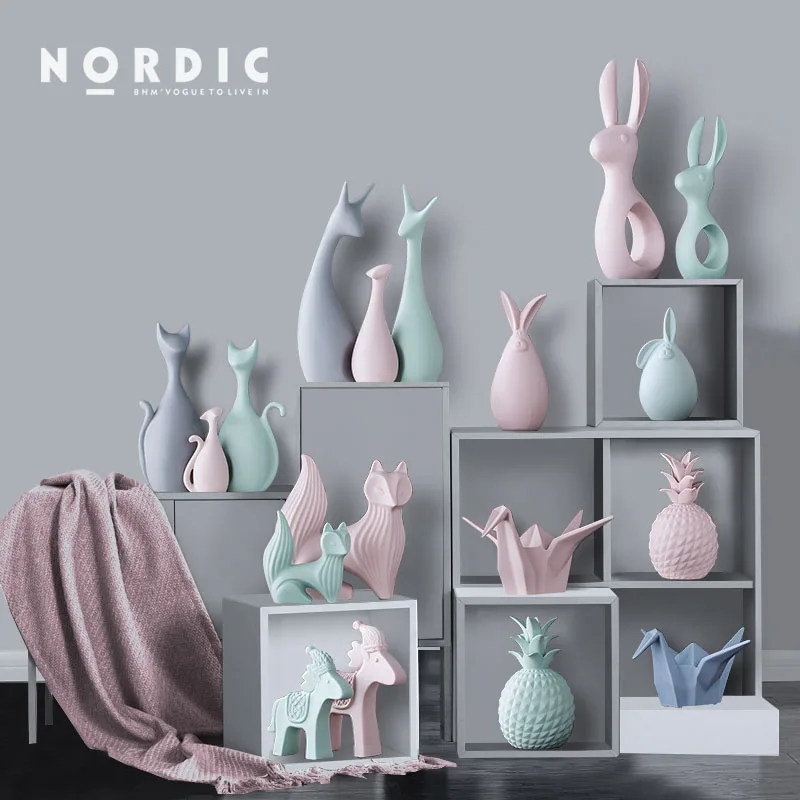 Nordic Ins Pink Green Ceramic Figurines Accessories Birthday Wedding Gifts Home Livingroom Desktop Deer Ornaments Decor Crafts