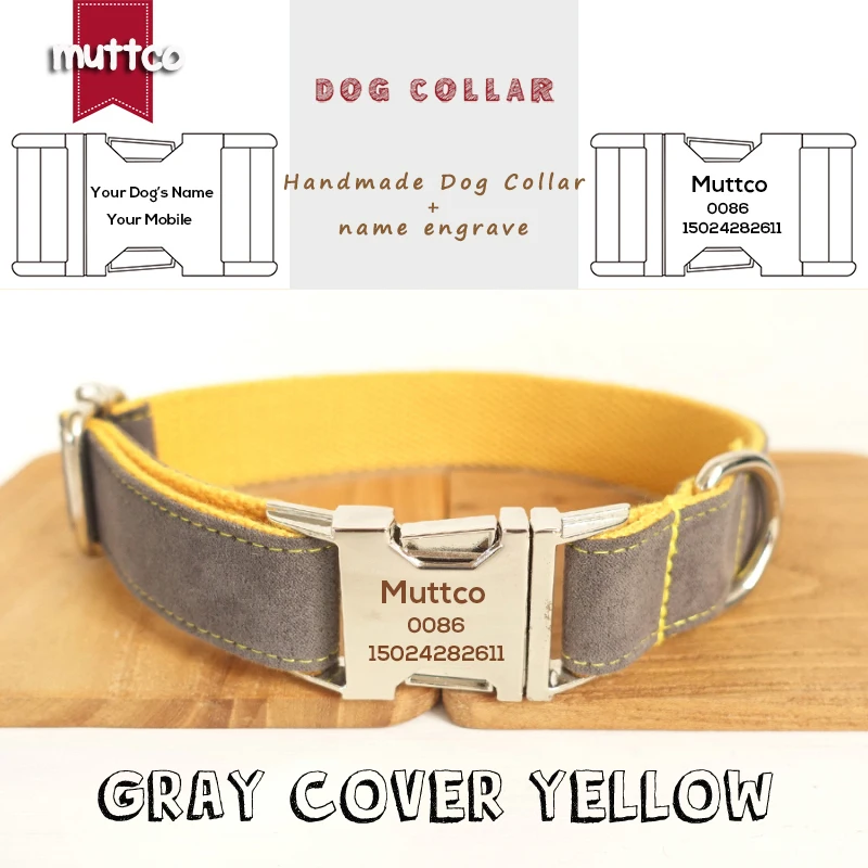 MUTTCO  retailing self-design laser engraved dog collar GRAY COVER YELLOW handmade  engraved pet name collar and leash UDC026