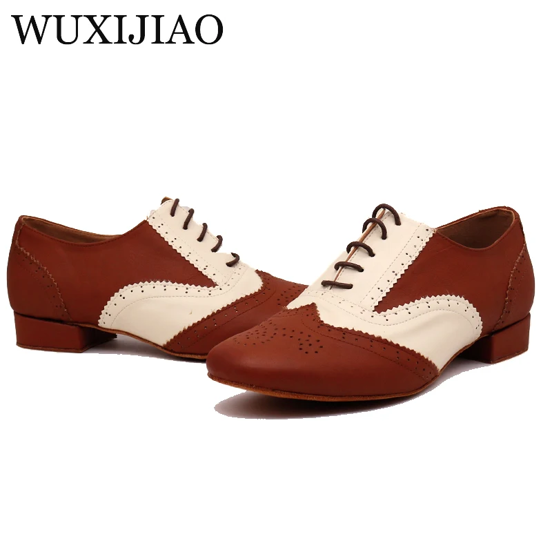 WUXIJIAO Latin dance shoes men's leather ballroom dance shoes men's soft bottom national wind shoes low with 2.5cm