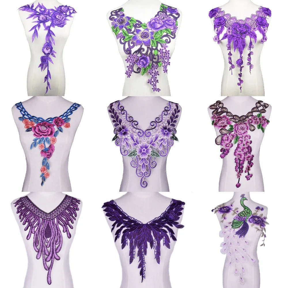 1 Pc Purple Embroidery Neckline Collar Venise Lace Flowers Neckline Applique Trim, Lace Fabric Sewing Supplies