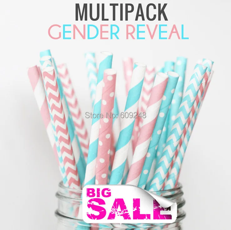 125 Pcs Mixed Colors GENDER REVEAL Baby Shower Party Paper Straws, Pink and Light Blue Striped, Small Swiss Polka Dot, Chevron