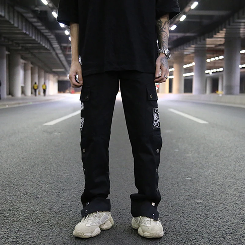 2019 novos bolsos de carga streetwear calças de homem casual hip hop joggers botão lateral calças com cordão de cintura elástica