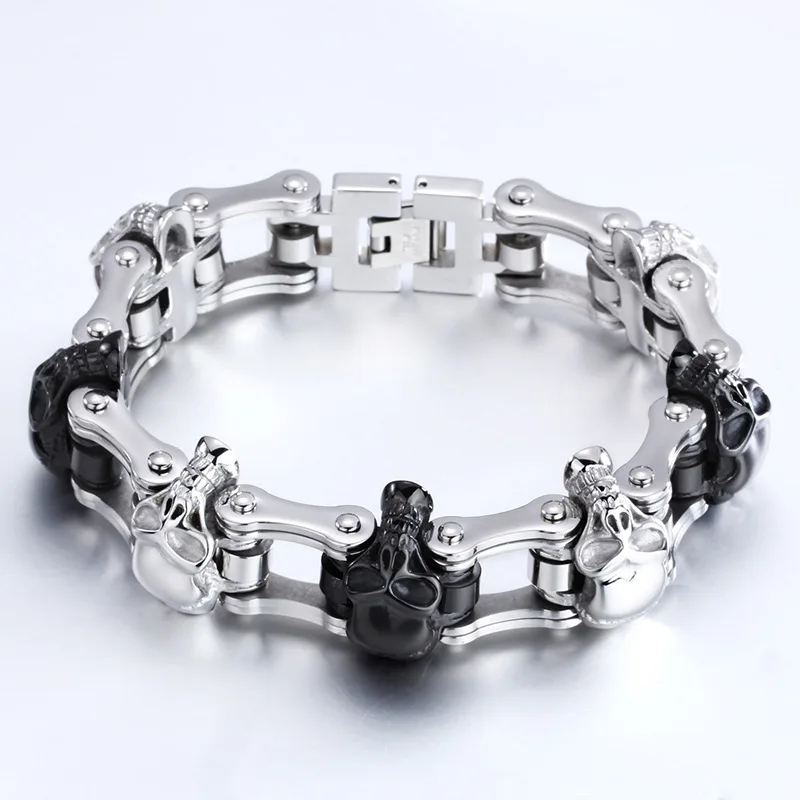 Men Biker Jewelry Titanium Stainless Steel Silver Color And Black Skeleton Skull Motorcycle Chain Bracelet Bangle Xmas Gift8.66