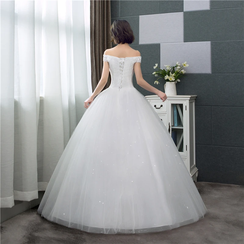 Tanie koronkowe suknie ślubne 2020 dekolt w szpic off the shoulder Tulle w stylu koreańskim naszycie ślubne suknie ślubne Robe De Mariage