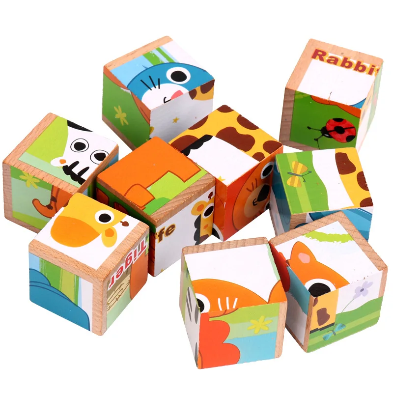 Children's wooden 3D stereoscopic toy bricks toys 9 grain blocks/ 6 sides pattern Building blocks Wooden toys for children's  to