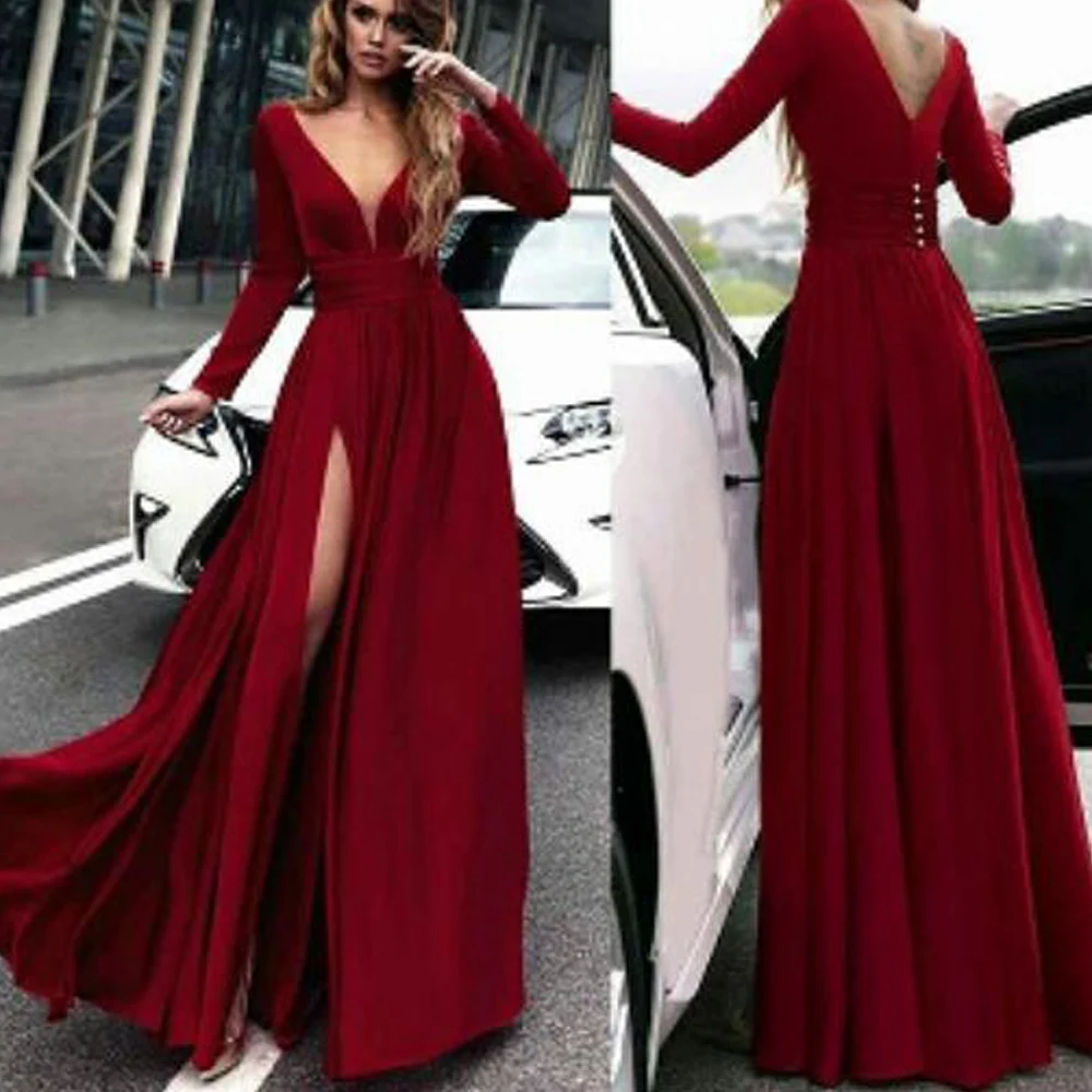 สีแดงชุดราตรีลึก V คอด้านข้างแขนยาวลึกสีแดง Vestidos de Fiesta Largos Elegantes de Gala