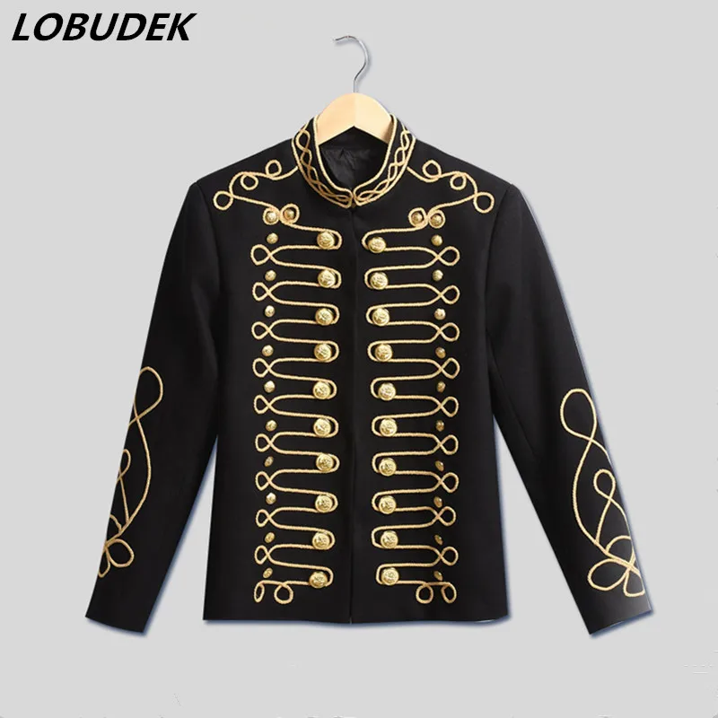 From Party Male singer show Stage Costume Bar Nightclub Host Dancer punk performance Outfits Black slim Embroidery jacket coat