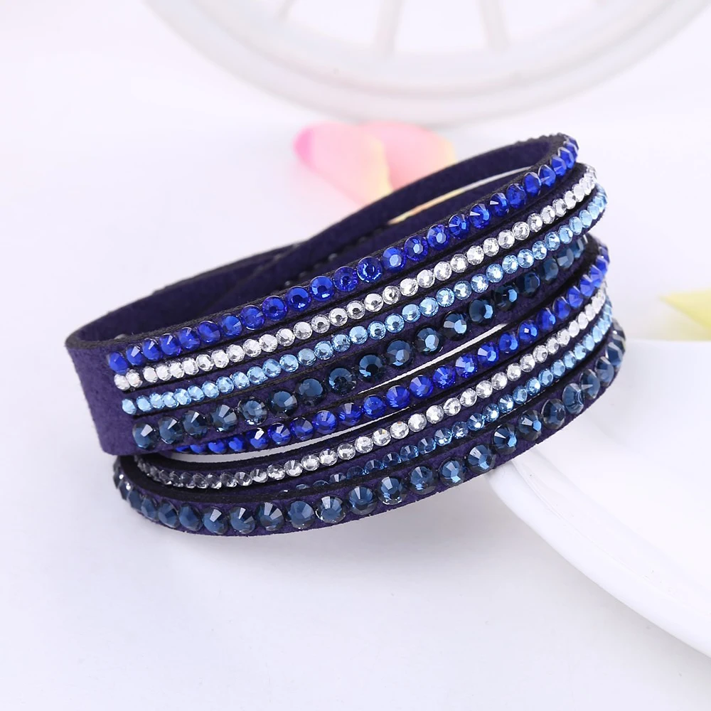 Pulsera de cuero con diamantes de imitación para mujer, brazalete de cristal, varias capas, joyería femenina, 2016