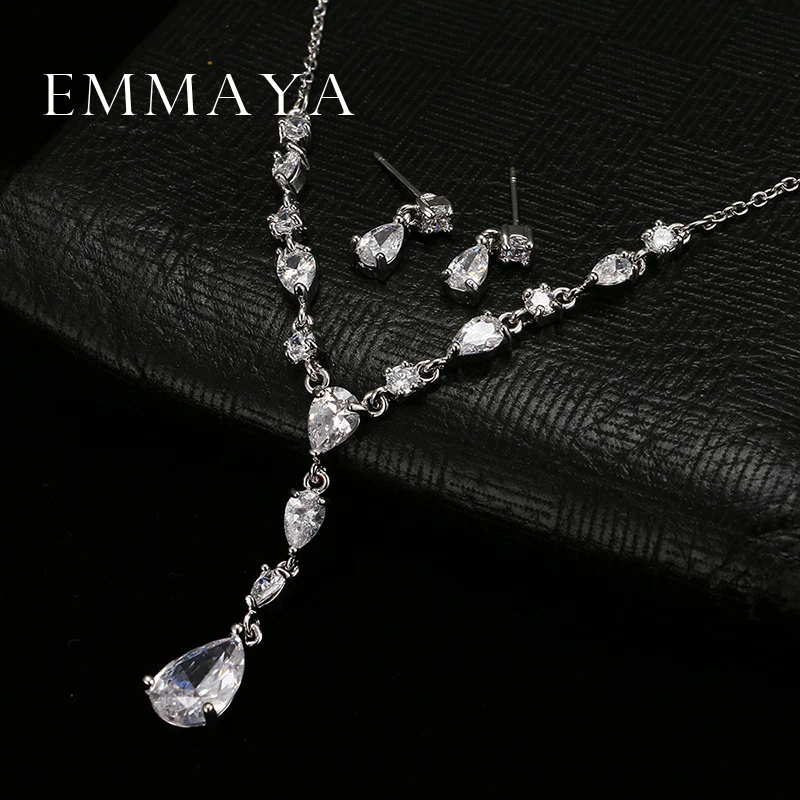 Emmaya Trendy White Water Drop Cubic Zirconia Wedding Jewelry Sets Luxury Statement Necklace Earrings Set Dress Accessories