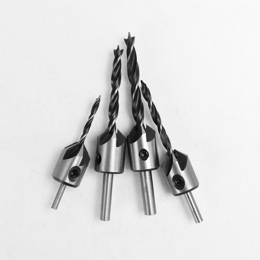 4pcs 3mm-6mm Wood Countersink Drill Set HCS 5 Flute Drill Bit Carpentry Reamer Woodworking Chamfer End Milling Wood Tool