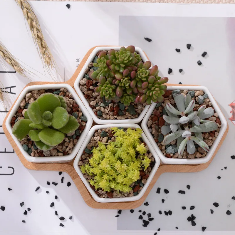 4pcs Small Hexagon White Ceramic Flowerpots with Bamboo Tray Small Bonsai Pots Comboo Succulent Planters Container Home Decor