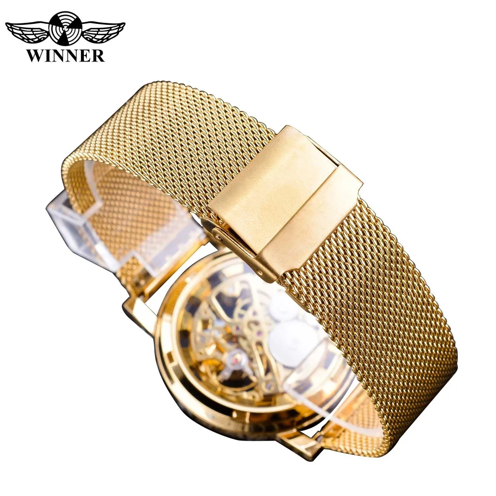 Winner Thin Case Full Golden Design Retro Openwork Clock Mesh Band Men\'s Mechanical Watches Top Brand Luxury Luminous Hands