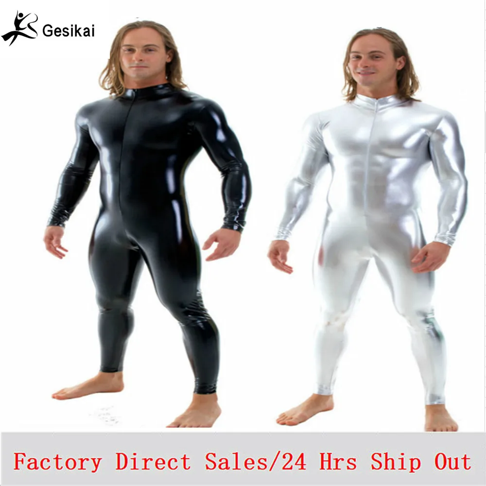 Gratis Ongkir Men Shiny กล้ามเนื้อ Unitards ยืดด้านหน้าซิป Zentai Unitards ผู้ชาย Stage เครื่องแต่งกายประสิทธิภาพ