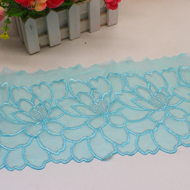 1 Yard Flower Embroidery Lace For Women Dress Blue Soft Tulle Lace Gold Trims Scallop 17cm