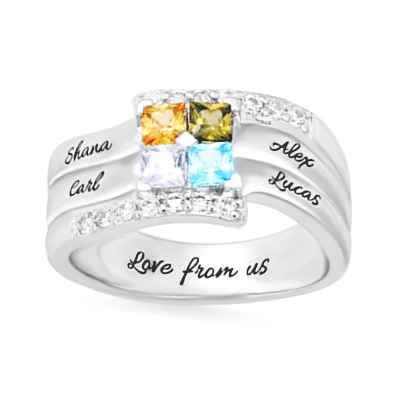 Amxiu Customize Four Family Names Rings Personalized 925 Silver Ring with Birthstones Large Zircon Rings For Women Mother's Gift