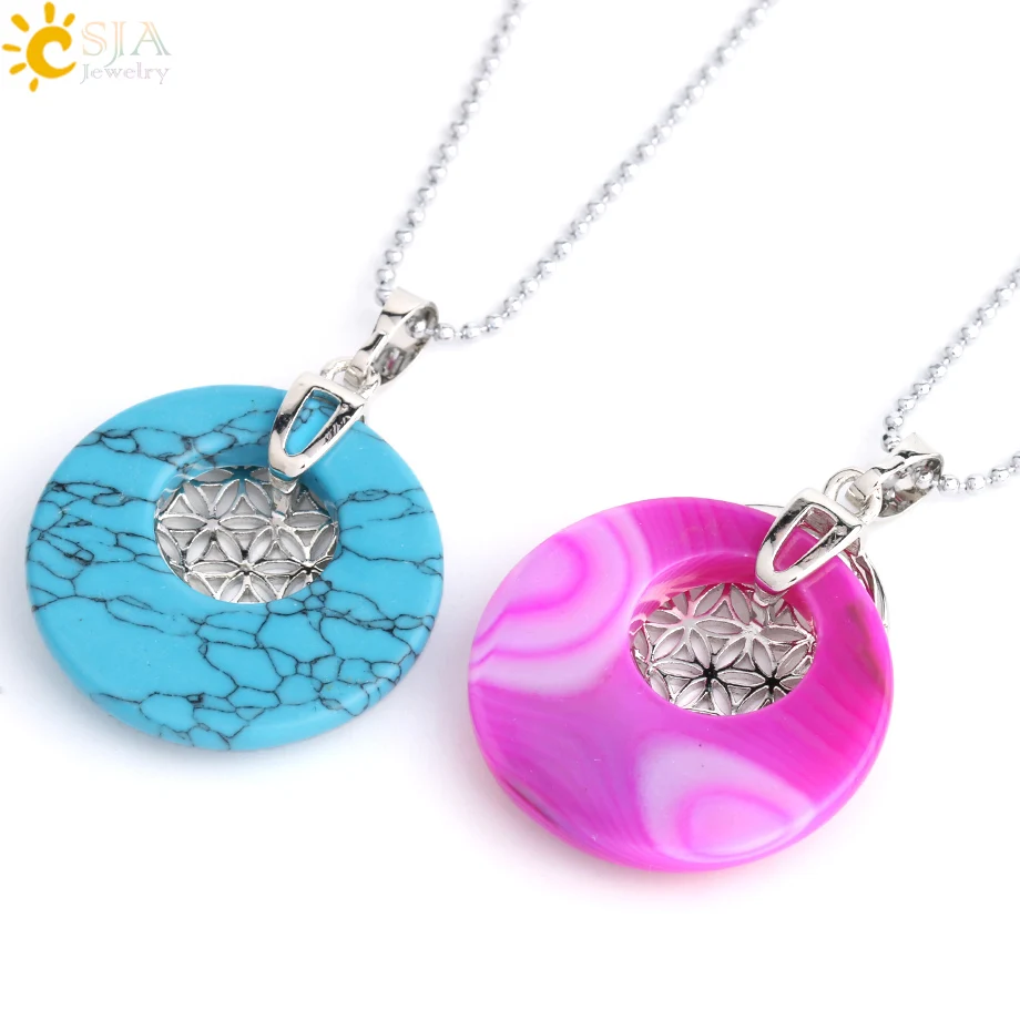 CSJA Natural Stone Flower of Life Pendant Necklace Reiki Amulets Hollow Out Circle Pendants Fit for Women Men Charm Jewelry G052