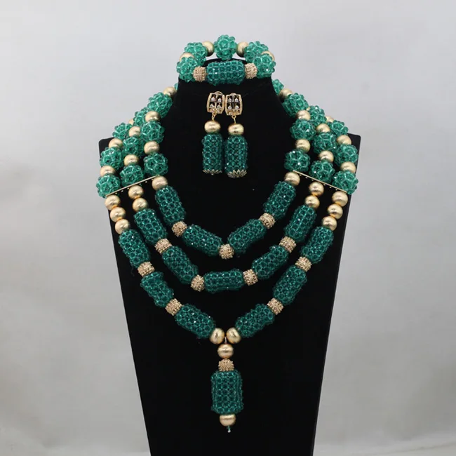 

Green Nigerian Accessories Wedding Beads Crystal Necklaces Bracelet Earring Set African Bridal Costume Free ShippingABL960