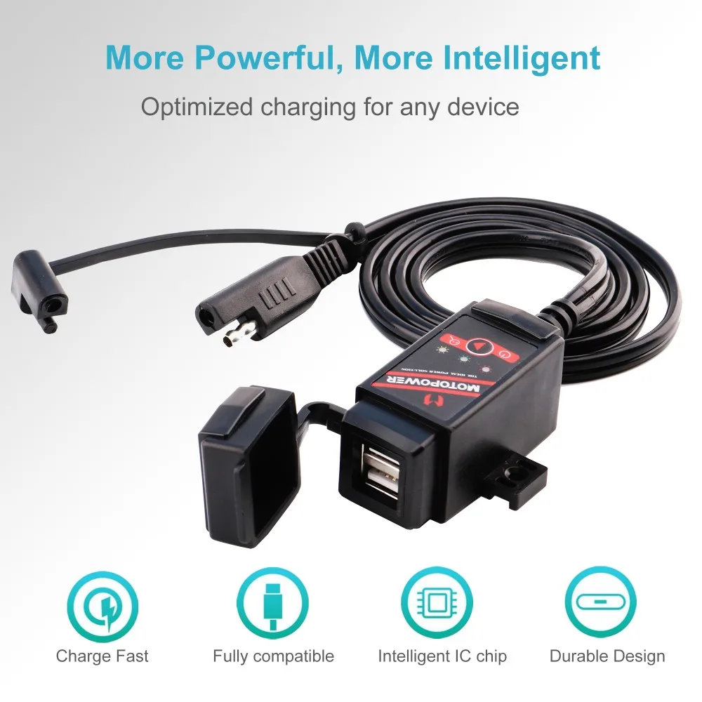 MOTOPOWER MP0608 3.1Amp Motorcycle Dual USB Charger SAE to USB Adapter Battery Monitor with Switch