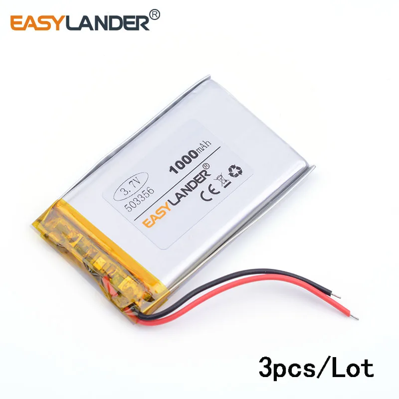 3pcs /Lot 1000mAh 3.7V 503356 Rechargeable Lithium Li-ion Polymer Battery for dvr GPS mp3 cell phone speaker 053356