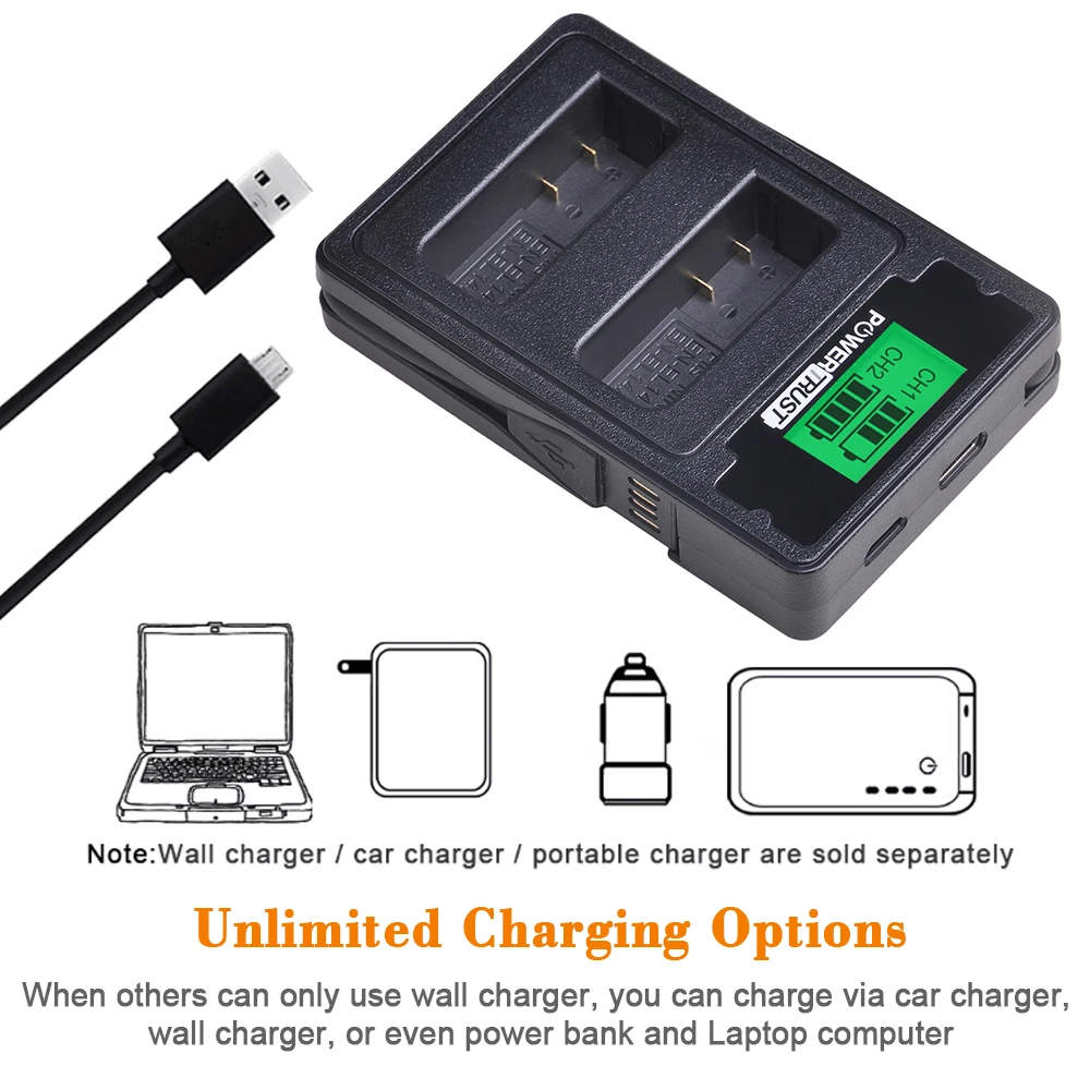 1X EN-EL14 EN-EL15 EN-EL20 NP-FW50 NP-W126 LP-E6 LP-E8 LP-E17 NB-13L DMW-BLC12 Battery Charger with Type C Port