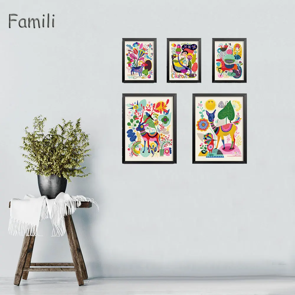 

Modular Simple Cartoon Animals Colorful World Canvas Painting Art Wall Print Picture Poster Mural Children Bedroom Decor