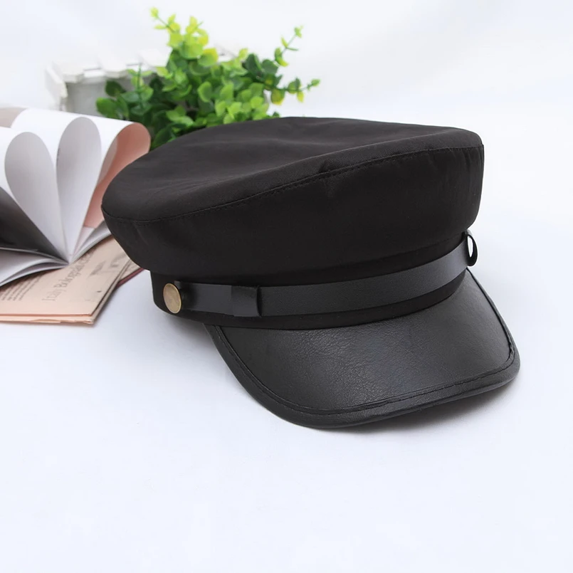 GEMVIE New Fashion Unisex Baker Cap for Women Spring Autumn Newsboy Cap PU Leather Military Hat Female Travel Student Hat