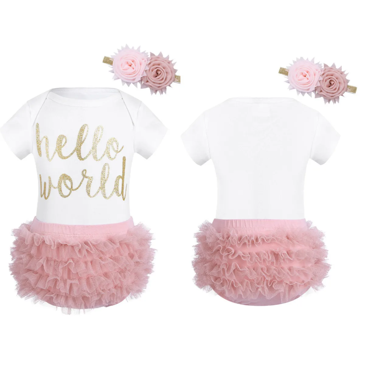 Baby Girls Outfits Newborn Baby\'s Romper Hello World Letter Printed Short Sleeves Jumpsuit with Bloomers Summer Toddlers Clothes