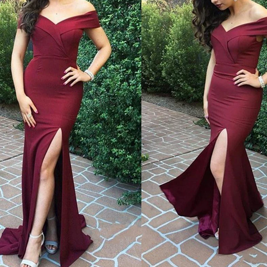 2021 Gorgeous Burgundy Off the Shoulder Mermaid Prom Dresses Floor Length Side Split Formal Evening Party Gowns Cheap Vintage