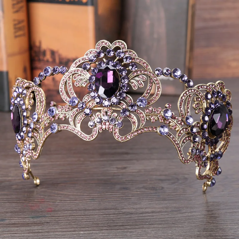 

Purple flower crystal wedding tiara bridal crown for wedding bride gold color rhinestone crown headband jewelry accessories