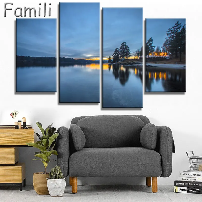 

Wall Art Poster Modern Home Decor Living Room 4Panel Northern Lights Over Snow Mountain Norway Landscape Canvas Painting UnFrame