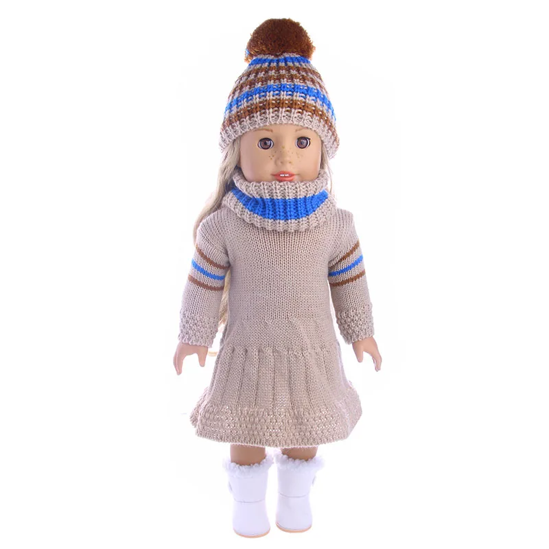 Doll Clothes 2 Pcs Sweater+Knitted Hat & Plush Boots For 18 Inch American Doll & 43 Cm Baby Doll For Generation Girl`s Christmas