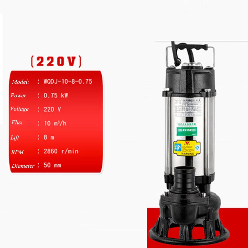 Bomba de aguas residuales de corte de acero inoxidable, tanque séptico automático para el hogar, bomba sumergible, WQDJ-10-8-0.75