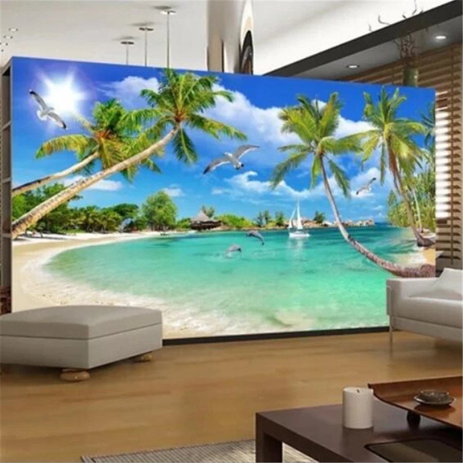 Custom wallpaper 3D mural Hawaiian beach coconut tree TV background wall can bedroom hotel sea view room decoration 3d wallpaper