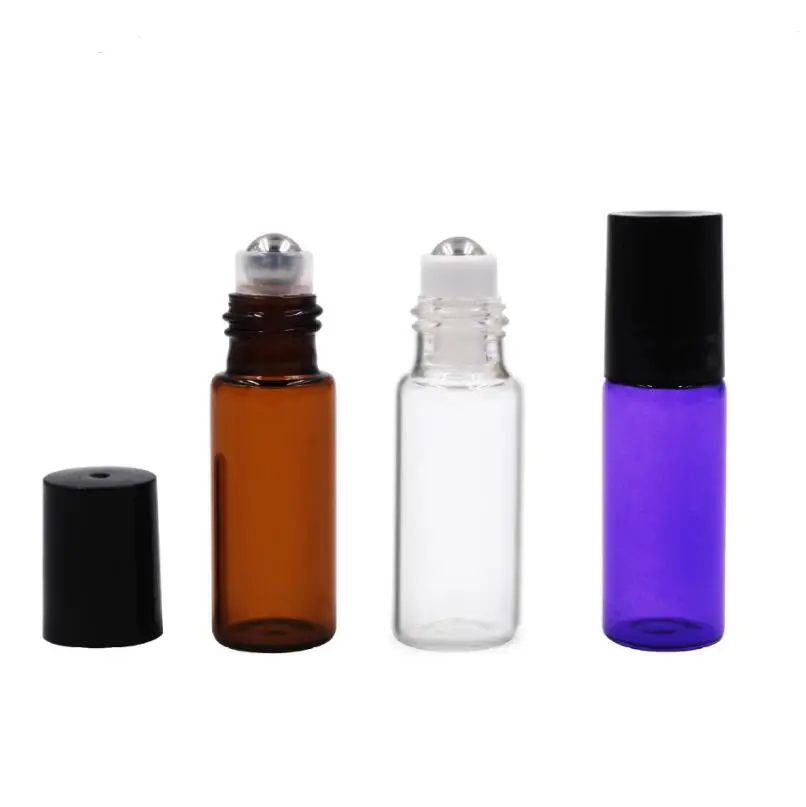 Wholesale 5ml Empty Colorful Roll on Thick Glass Bottle Portable Essential Oil Vial With Metal Roller Ball