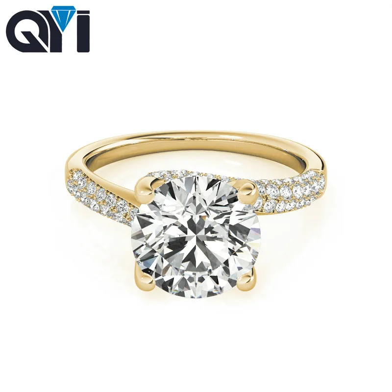 QYI luxury 14k Yellow gold Ring Luxury 2 Carat Round Cut Moissanite Diamond Engagement Rings For Women Wedding Band