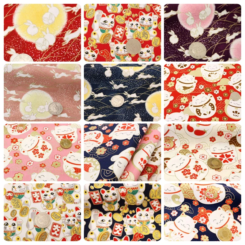 Half Yard Japanese Soft Breeze Gilt Fabric With Fortune Cat Rabbit Print, Handmade DIY Quilting Bag Tissue CR-A100