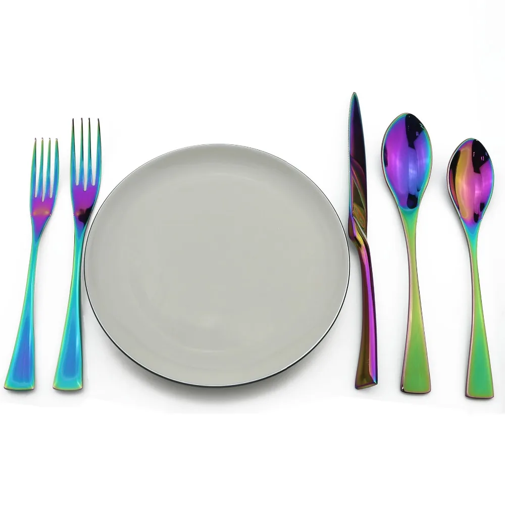 JANKNG 1-Pieces Rainbow Dinnerware Set Colorful Mirror Tableware Set Stainless Steel Western Cutlery Set Kitchen Accessories