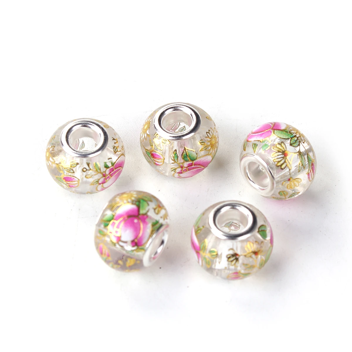 Glass Vintage Japanese Tensha European Style Large Hole Charm Beads Round silver color Plated Sakura Flower About 14mm, 5 PCs