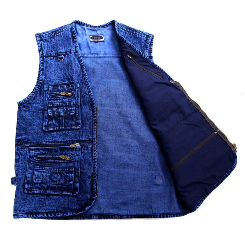 Men's vest Outerwear Denim Waistcoat Deep Blue Color Plus Size Sleeveless  Jacket Multi-pocket size XL to 5XL