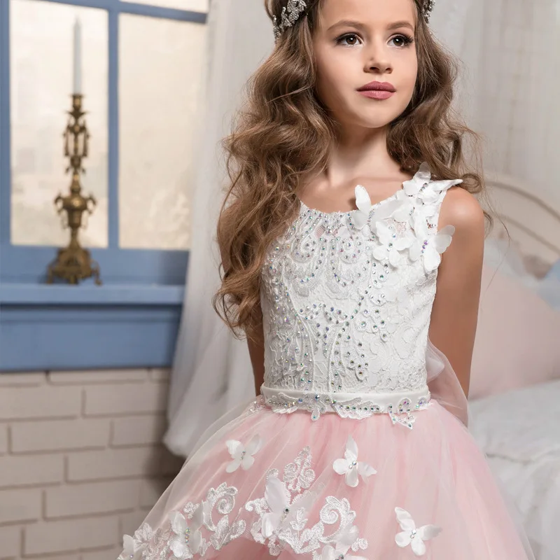 New Pink Lace Applique Scoop Neck Beading Lace Flower Girl Dresses For Wedding Ruffles Girls First Communion Gowns