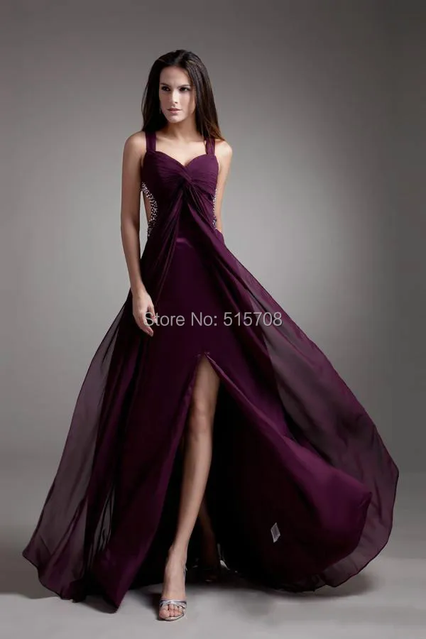 Real Pictures Chiffon Long Evening Dresses Sweetheart With Straps Sequins Slit Side Purple Long Prom Party Evening Gowns