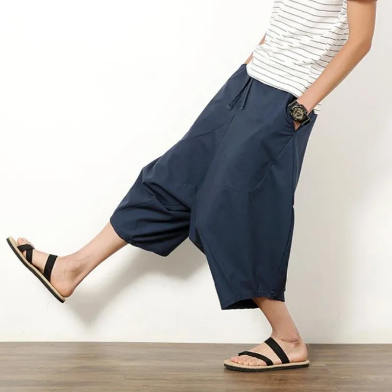 Summer Men's Japanese Samurai Boho Summer Harem Shorts Hakama Linen Cotton Pants 5 Colors Loose Fit Short Pants Big Size