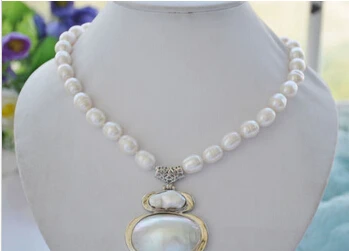 

Free shipping 17.5" NATURE WHITE RICE freshwater pearl NECKLACE MABE PENDANT