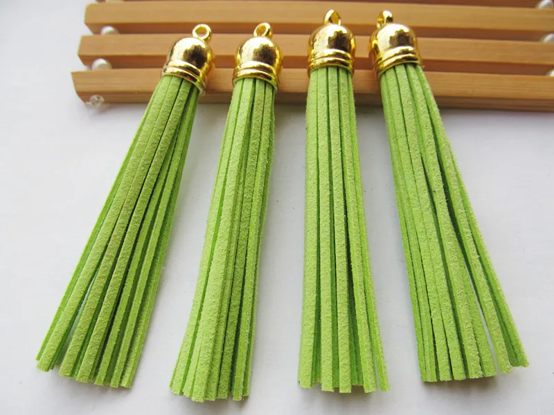 Free Shipping 100Pcs 90mm Fresh Green Suede Leather Jewelry Tassel For Key Chains/ Cellphone Charms Top Plated End Caps Cord