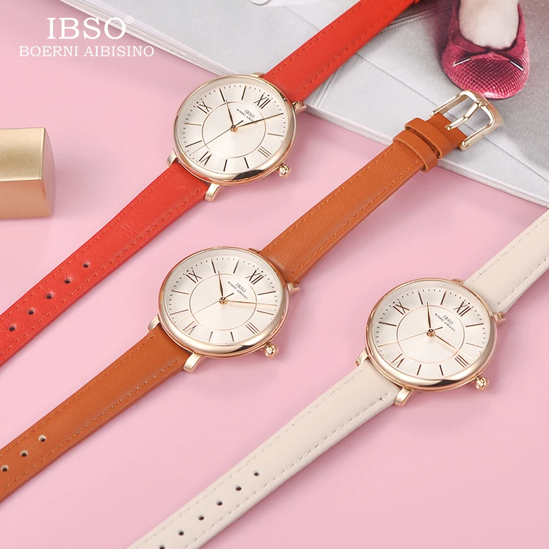 IBSO-relojes de cuarzo con correa de cuero genuino para mujer, pulsera informal, a la moda