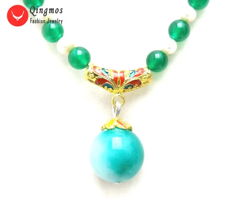 

Qingmos 18mm Green Jades Pendant Necklace for Women with White Round Natural Pearl Necklace and Stone Necklace Chokers Jewelry