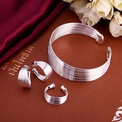 high-quality for women lady chain open cute bangle bracelet earrings ring fashion Silver color jewelry Sets S312