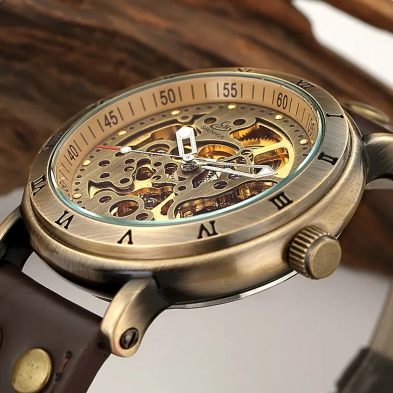 Men\'s Vintage Bronze Automatic Mechanical Watches Male Skeleton Brown Leather Strap Casual Waterproof Clock Relogio Masculino