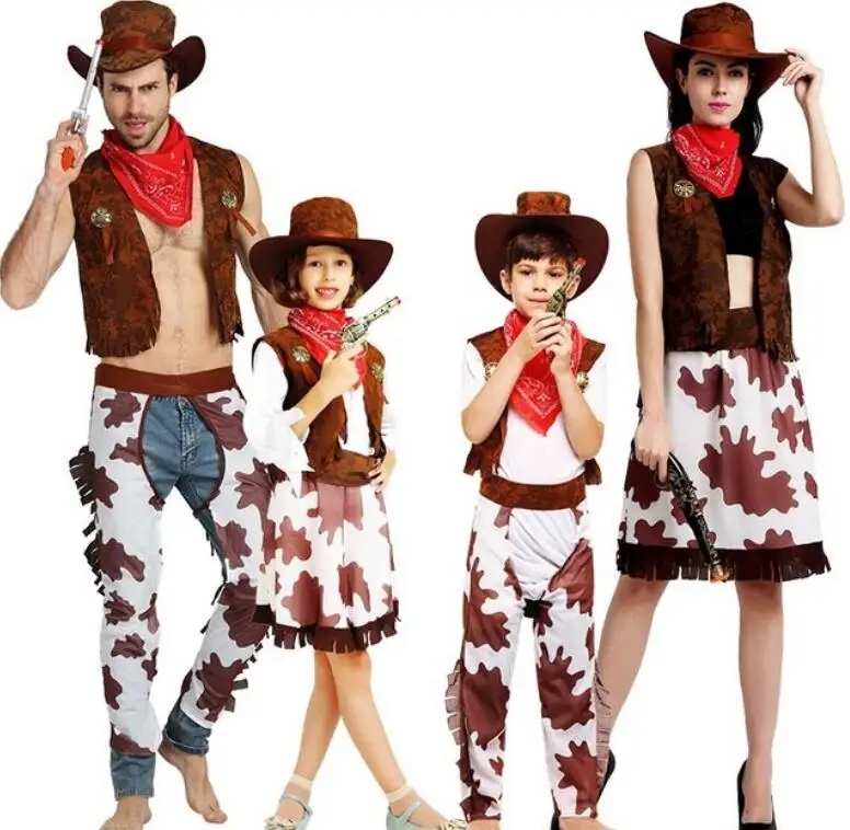 Halloween Party Cowboy Cosplay Costume, vestido ocidental, traje de carnaval, traje adulto e infantil, homem e mulher, novo